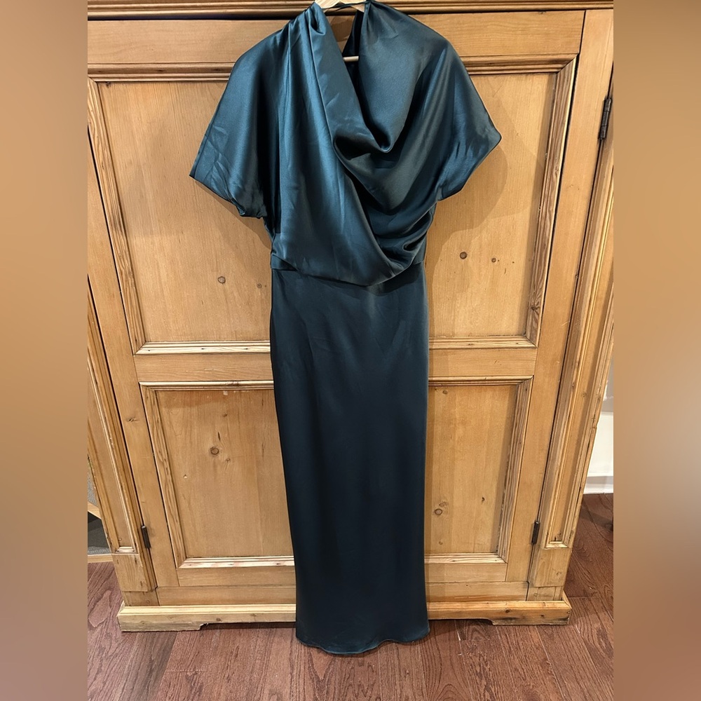 Anthropologie Deep Emerald One-Shoulder Satin Gown - Picture 4 of 7